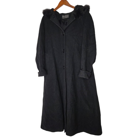 Martoni Black Wool Cashmere Blend Hooded Fur‎ Trim Long Overcoat Coat Size 10